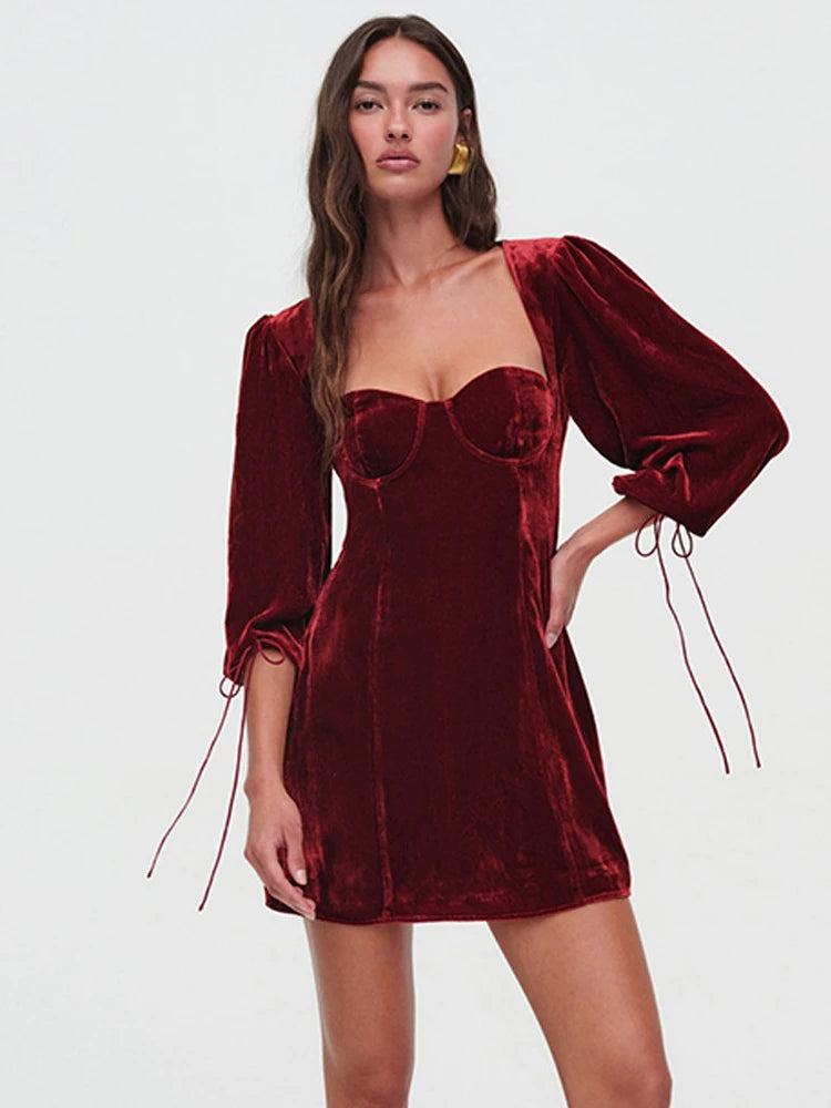 Velvet Short Party Dresses for Women Clothing Sexy Elegant Square Neck Long Sleeve Backless Dress Winter