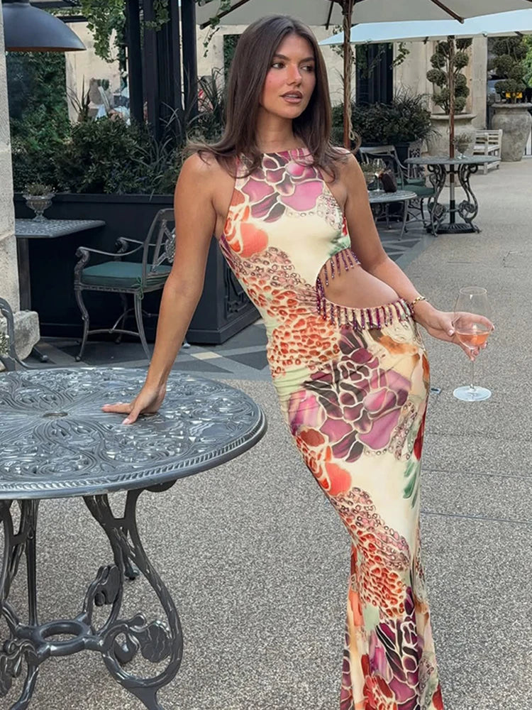 Sexy Hollow Tassel Decoration Dress Woman Colorful Print o-Neck Sleeveless Summer Vacation Elegant Style Long Bodycon