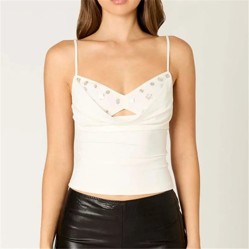Shell Beads Embellished Cami Top Women Spaghetti Strap Cowl Neck Keyhole Cutout Slim Fit Y2K Camisole for Daily Wear