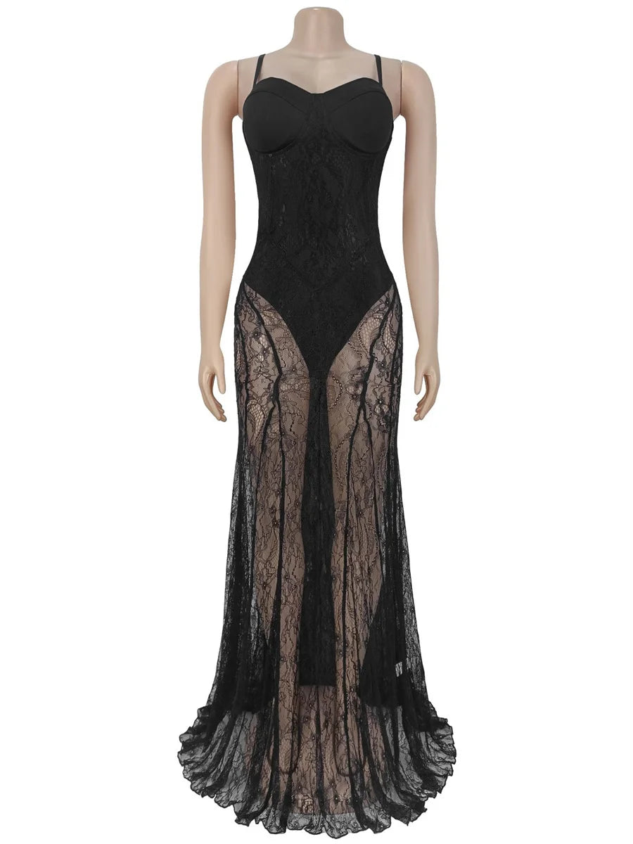 Sexy Mesh Jacquard Dress Women See Through Patchwork Sleeveless Backless Stretch Skinny Midnight Party Club Vestidos