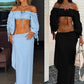 Chic Tassel 2-Piece Set Women Slash Neck Shirring Long Sleeve Bandage Crop Tops+Ribbon Skirts Vacation Birthday Suit