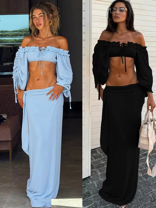 Chic Tassel 2-Piece Set Women Slash Neck Shirring Long Sleeve Bandage Crop Tops+Ribbon Skirts Vacation Birthday Suit