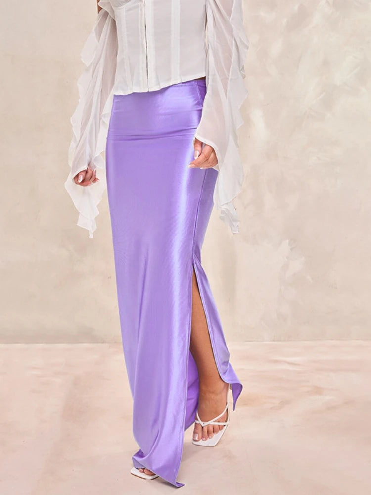 Satin Long Skirt Elegant High Waist Side Split Maxi Skirts Party Sexy Clothes for Women Summer