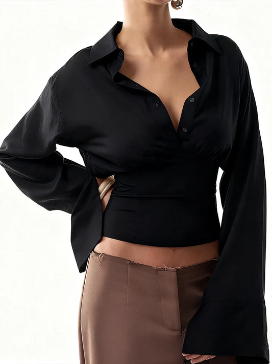 Lapel Blouse Tops Women Single-Breasted Long Sleeve Solid Casual Classic Simple Skinny Trend Elegant Office Slim Tees