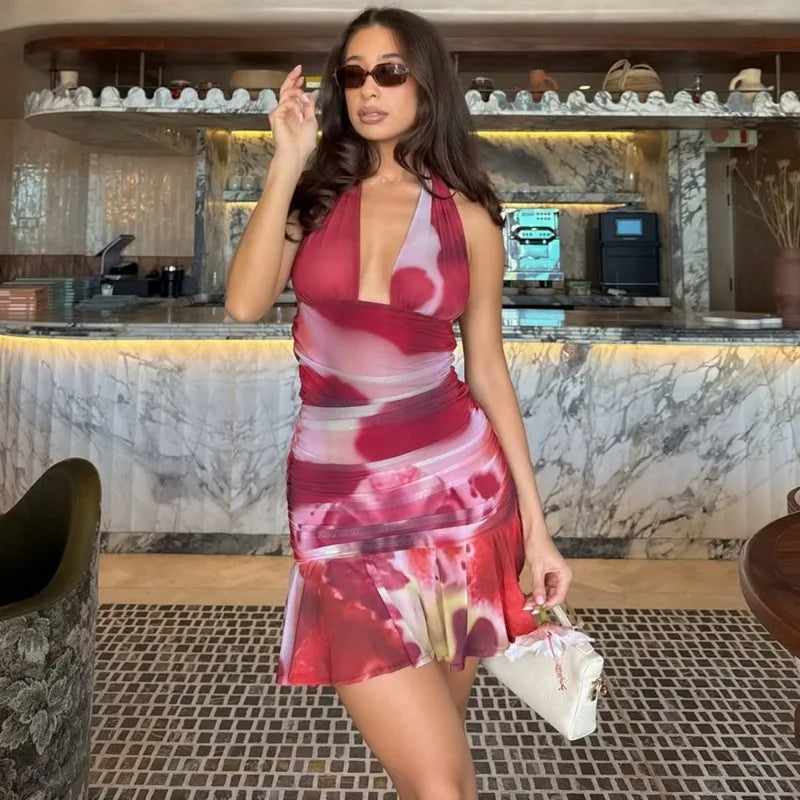 Floral Print Mesh Halter Mini Dress Woman Fashion 2026 Summer Dresses