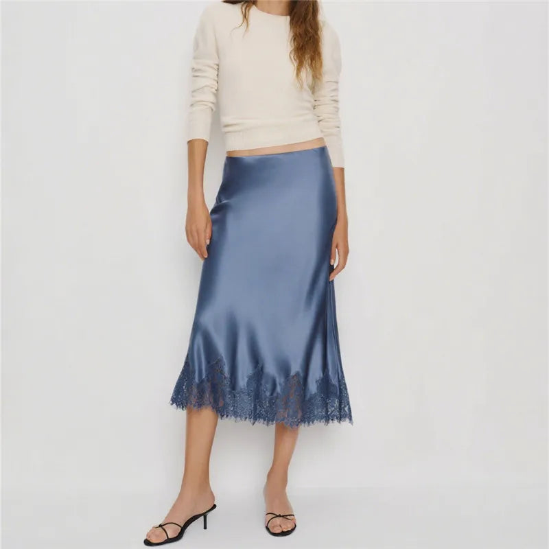 Women Silk Satin Half Slip Long Skirts Lace Patchwork Elastic Waist Long Skirt Elegant Silky Flowy A Line Midi Skirts