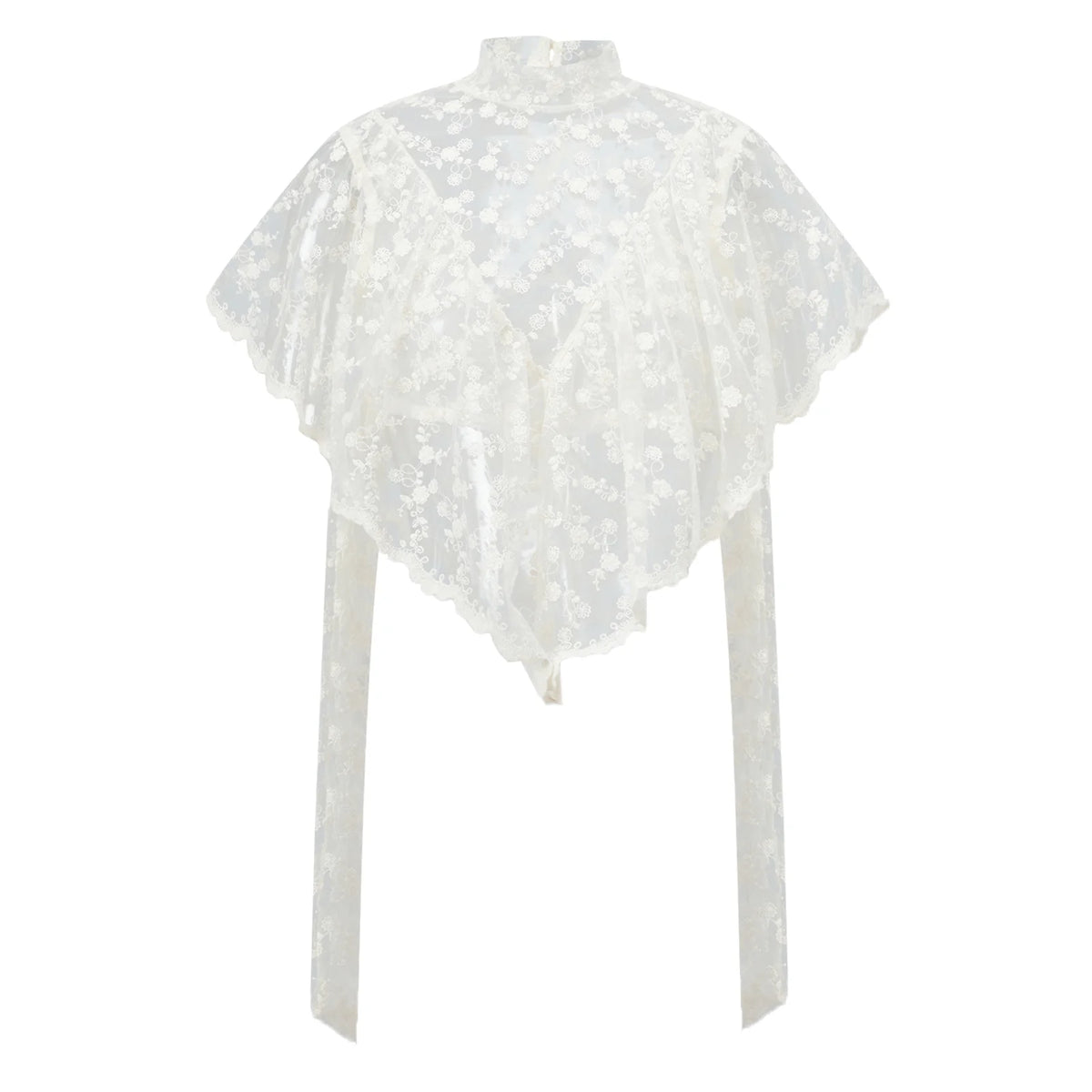 Y2K Fairy Mesh See Through Casual High Neck Looseshawls Women Floral Lace Embroidery Shawl Tops Asymmetrical Streetwear