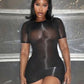 Sexy See Through Dress Women Y2K Summer O-Neck Short Sleeves Skinny Peach Hip Solid Elastic Clubwear midnight Bodycon