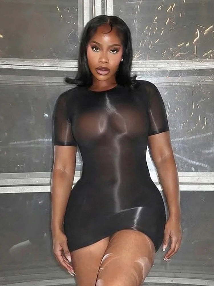 Sexy See Through Dress Women Y2K Summer O-Neck Short Sleeves Skinny Peach Hip Solid Elastic Clubwear midnight Bodycon