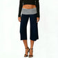 Womens Fold Over Lounge Capri Pants Striped Low Rise Wide Leg Gaucho Pants Yoga Culottes Casual Foldover Bottoms