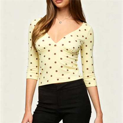 Women Vintage Polka Dot Crop Top Deep V 3/4 Sleeve Wrap Bust Slim Fitted Short T Shirt Retro Casual Y2K Basic Blouse