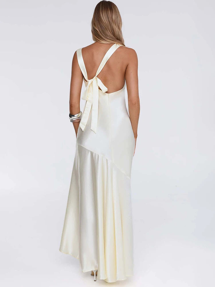 Elegant Satin Backless Sexy Maxi Dress Women Fashion Sleeveless Backless Pleated Bodycon Club Party Long Dresses