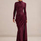 Women High Neck Long Sleeve Lace Maxi Dress Draped Sash Bodycon Mermaid Evening Party Gown Formal Wedding Guest Dress