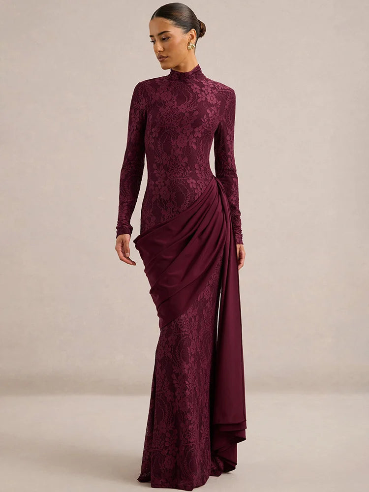 Women High Neck Long Sleeve Lace Maxi Dress Draped Sash Bodycon Mermaid Evening Party Gown Formal Wedding Guest Dress