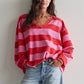 Oversized Striped V Neck Raw Hem Cropped Sweatshirt Women Loose Long Sleeve Pullover Winter Autumn Casual Streetwear