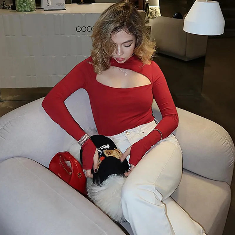 Asymmetrical Cut Out Long Sleeve Tops for Women Clothing Spring 2025 Fashion Sexy Club Top Red Black T Shirts
