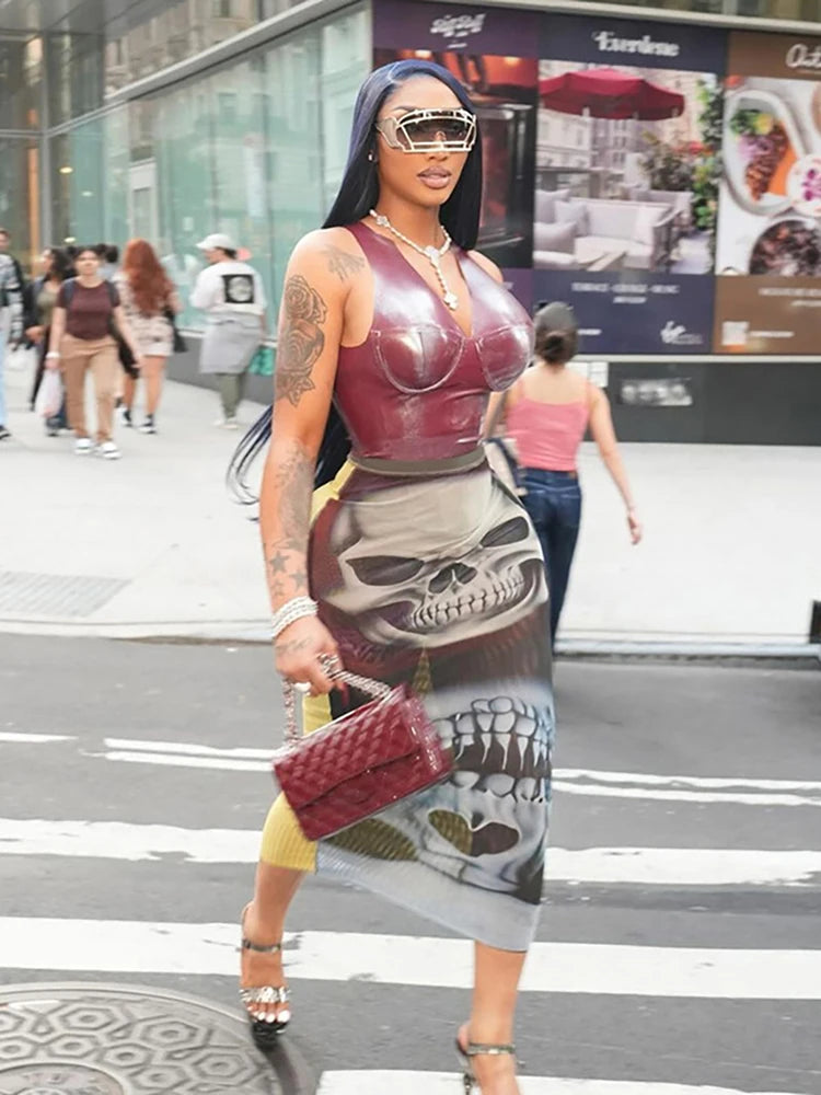 See Through Skirts Women 2025 Summer Trend Skulls Print Sexy  Skinny Stretch Wild Basic Clubwear Midnight Long Skirts