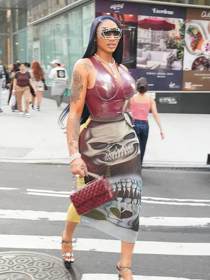 See Through Skirts Women 2025 Summer Trend Skulls Print Sexy  Skinny Stretch Wild Basic Clubwear Midnight Long Skirts