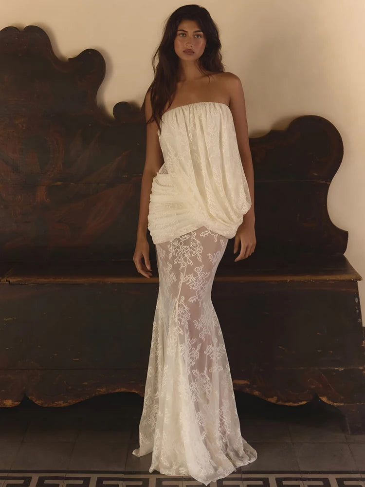 Ruched Elegant Gown Dress Woman Sexy Wrap Chest Backless Sleeveless Lace Patchwork Design Evening Party Long Bodycon