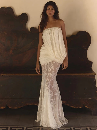 Ruched Elegant Gown Dress Woman Sexy Wrap Chest Backless Sleeveless Lace Patchwork Design Evening Party Long Bodycon