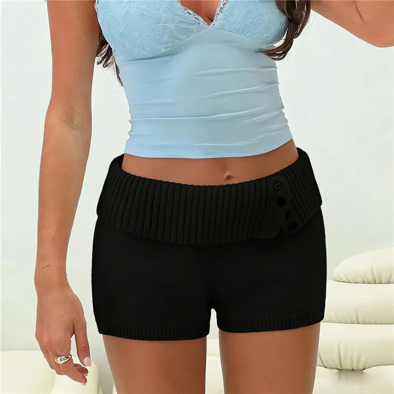 Stylish Button Decor Ribbed Trim Foldover Mid Rise Shorts Women Knit Crochet Micro Shorts Casual Slim Fit Y2K Streetwear