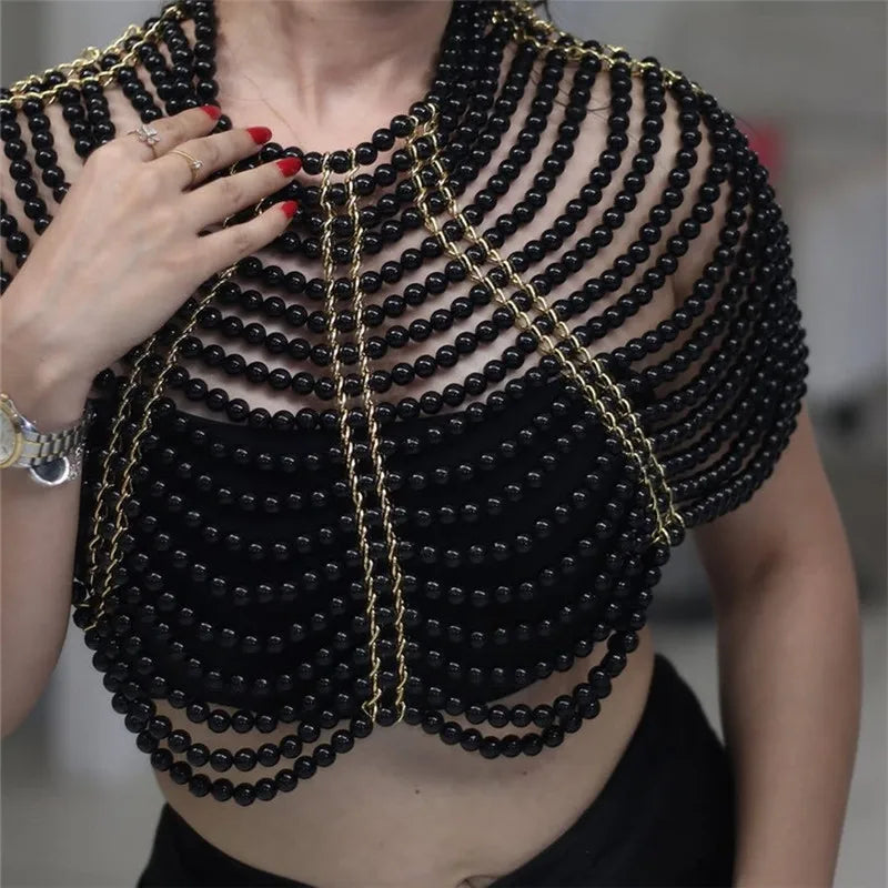 Women Handmade Multi Layer Pearl Beaded Shoulder Shawl Body Chain Necklace Elegant Wedding Party Jewelry Accessory
