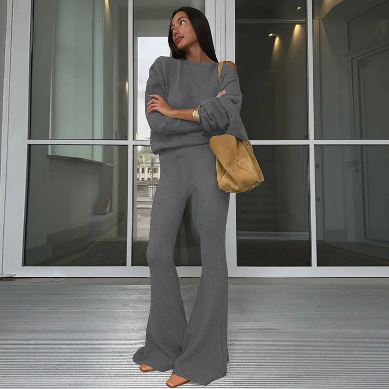 Women 2 Piece Set Outfit Cozy Knit One Shoulder Long Sleeve Top High Waist Flare Pants Set Winter Woman 2026