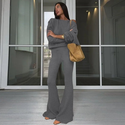 Women 2 Piece Set Outfit Cozy Knit One Shoulder Long Sleeve Top High Waist Flare Pants Set Winter Woman 2026