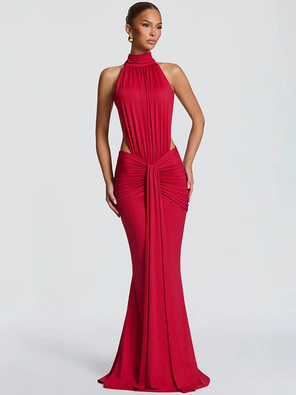 Turtleneck Backless Sexy Maxi Dress Women Gown Elegant Off-shoulder Sleeveless Ruched Bodycon Club Party Long Dress