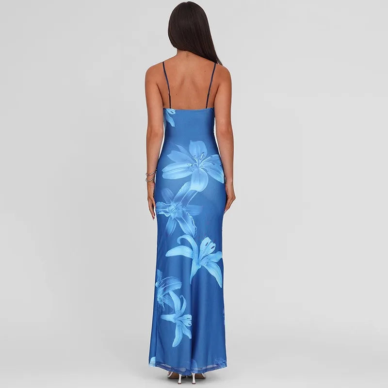 Blue Flower Mesh Elegant Summer Dresses Woman Resort Wear Sexy Spaghetti Strap V-neck Backless Long Dresses