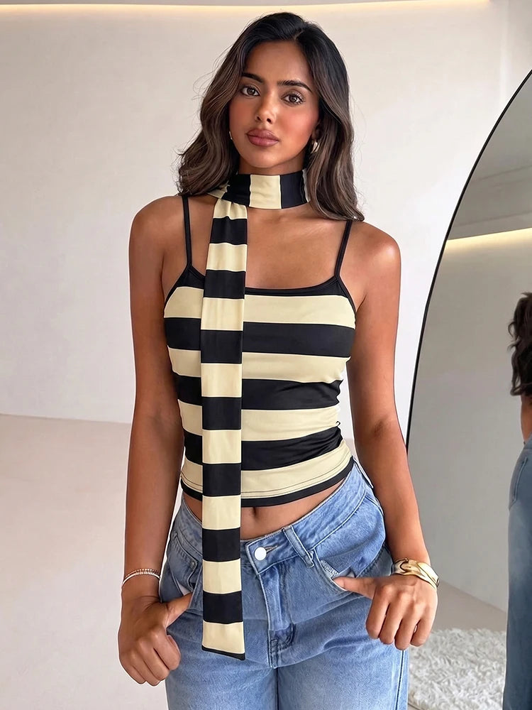 Stripe Print Camisole+Scarf Women Low-Neck Backless Skinny Stretch Summer High Street Casual Style Classic Tank Tops