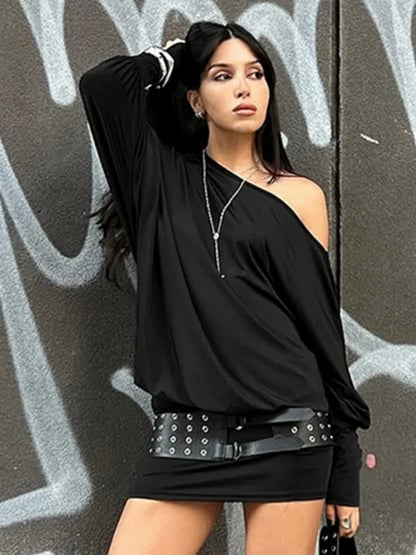 Off The Shoulder Long Sleeve Mini Dress Autumn 2025 Fashion Casual Black Dresses for Woman Clothes