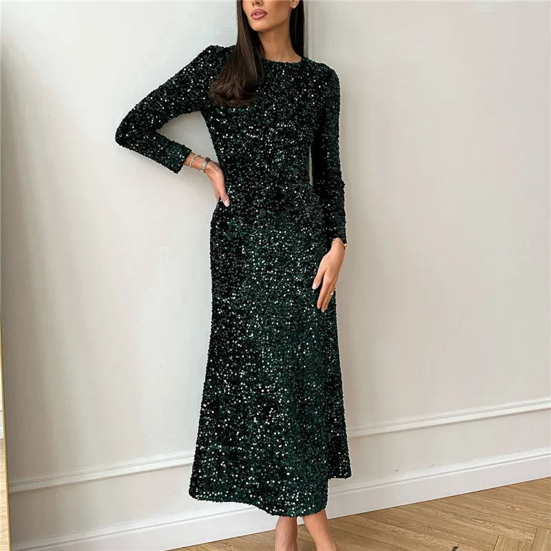 Fashion Sequined Party Slim Midi Dress For Women Autumn Winter Elegant Long Sleeve Sexy Bodycon Evening Dresses
