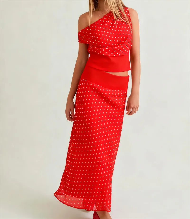 Women's 2 Piece Skirt Outfits Off One Shoulder Y2K Dots Print Tank Tops and Long Skinny Skirt Set Summer Party Clubwear