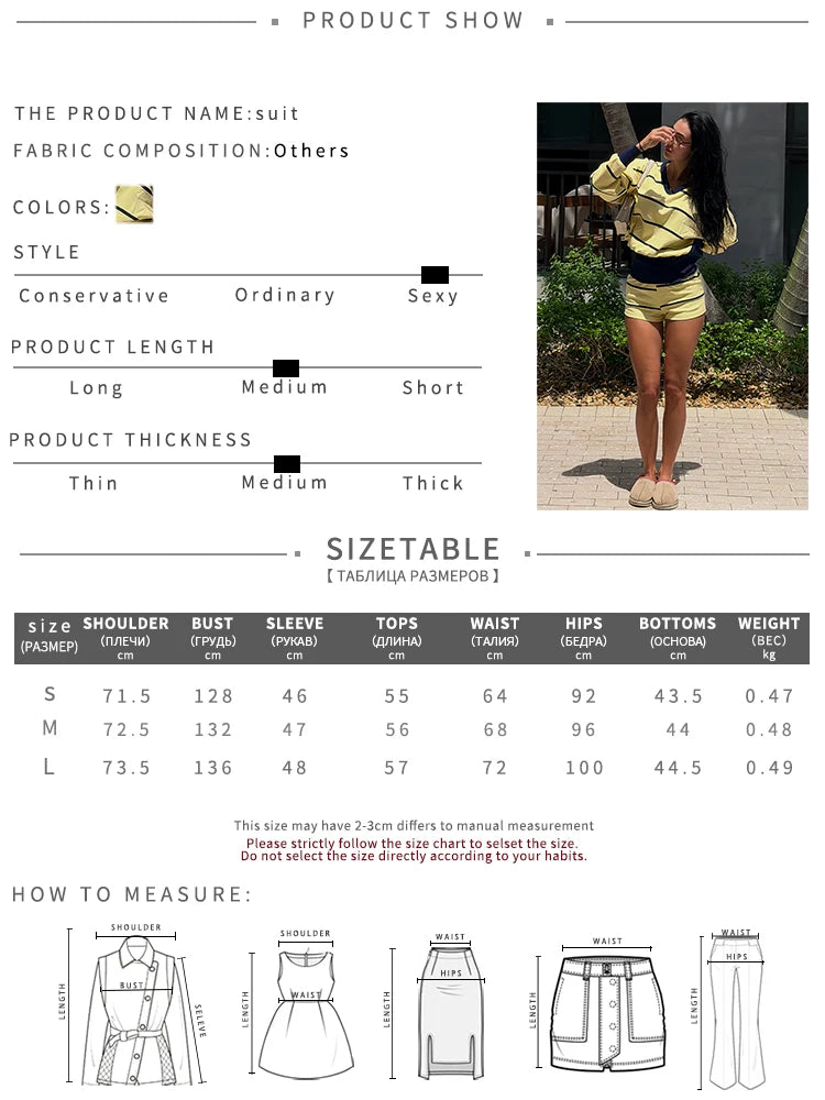 Sporty Stripes 2 Piece Set Women Color Blocking Trend Full Sleeve V-Neck T-Shirt+Bike Short Fashion Simple Streetwear