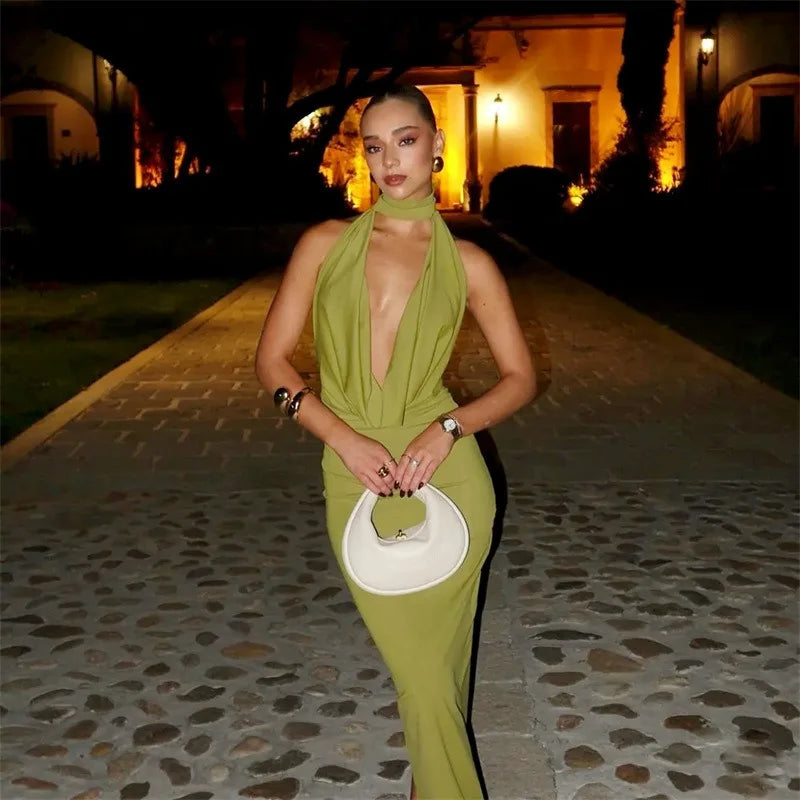 Sexy Deep V Backless Split Maxi Dress Elegant European Style Clothes Women’ Evening Dresses Black