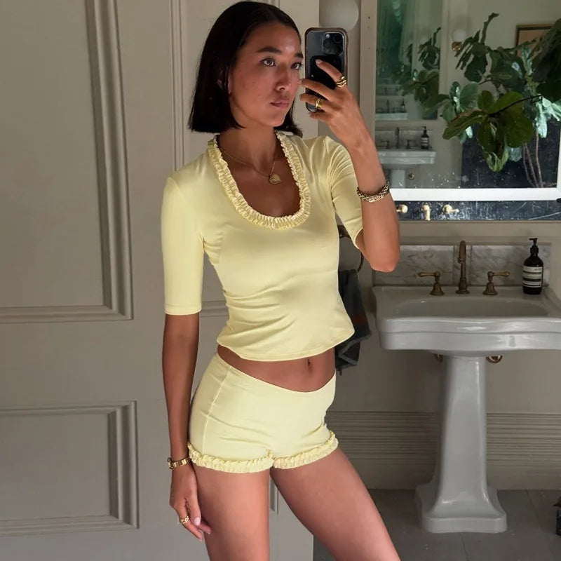 2 Piece Shorts Set Frilly Half Sleeve Crop Top and Shorts Matching Outfits Woman Summer Clothing