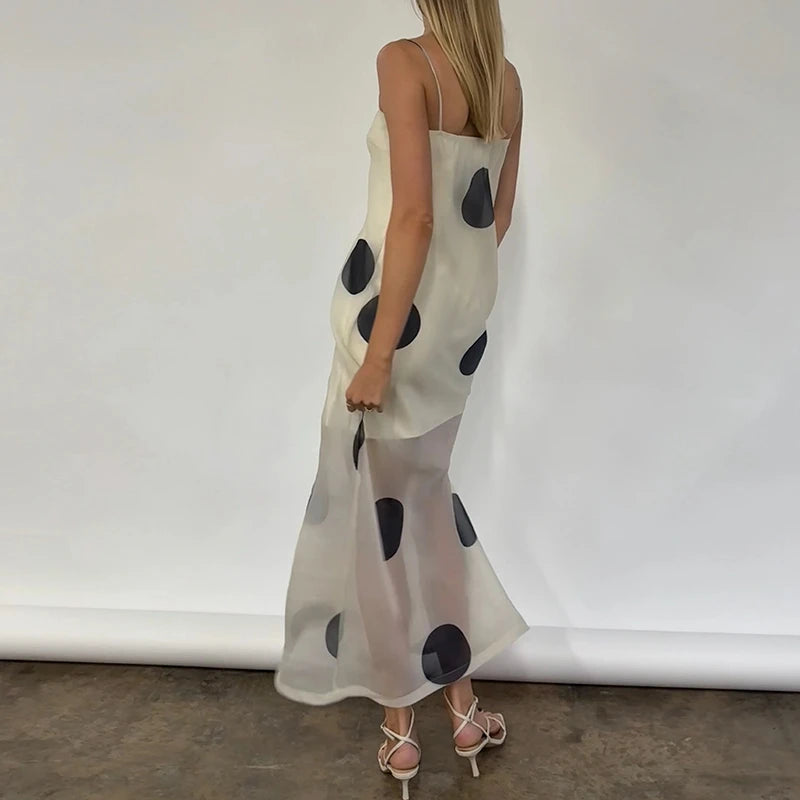 Women Polka Dot Maxi Dress Spaghetti Strap Sheer Mesh Long Dress Sexy Sleeveless Backless Elegant Summer Dresses