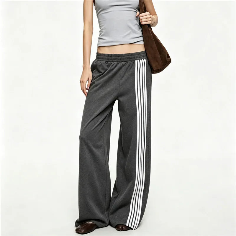 Y2K Women Side Striped Wide Leg Sweatpants Elastic Waist Loose Floor‑Length Sport Trousers Streetwear Casual Pants