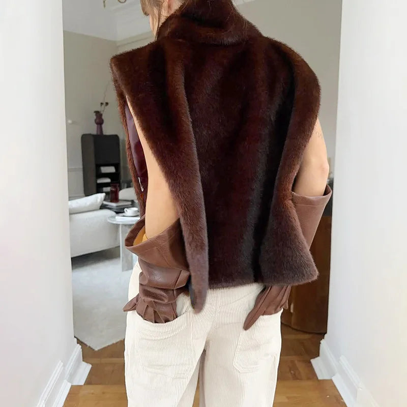 Brown Faux Fur Vest Turtleneck Sleeveless Tops Fashion Fall Winter Clothes for Woman Jackets Coats