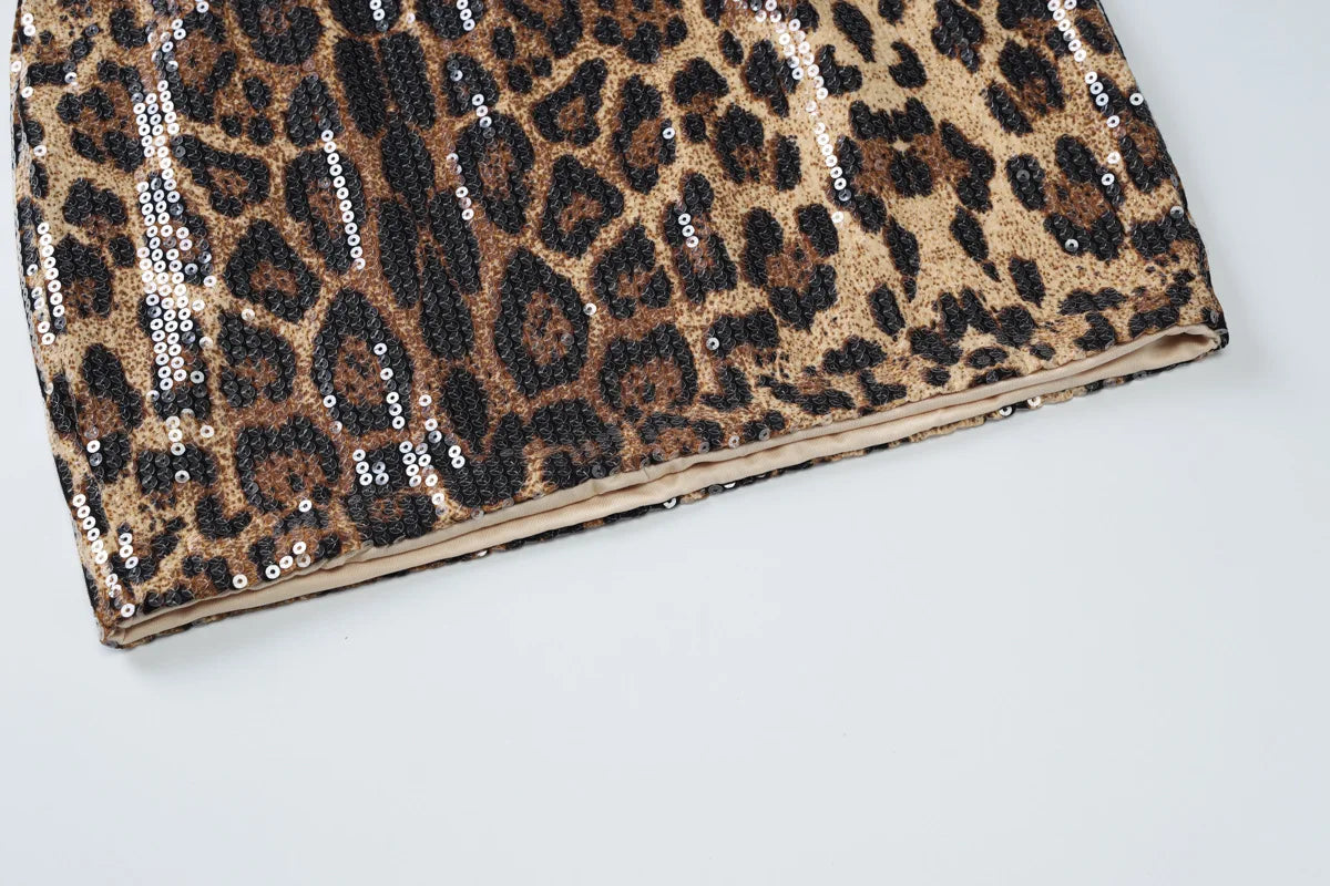 Leopard Print Sequin Backless Halter Top and Mini Skirt Two Piece Set Women Sexy Going Out Club Outfits