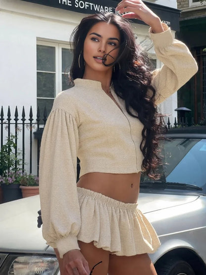 Long Sleeve 2 Piece Set Zipper Jacket and Bubble Skirt Shorts Fashion 2025 Fall Woman Going Out Outfits