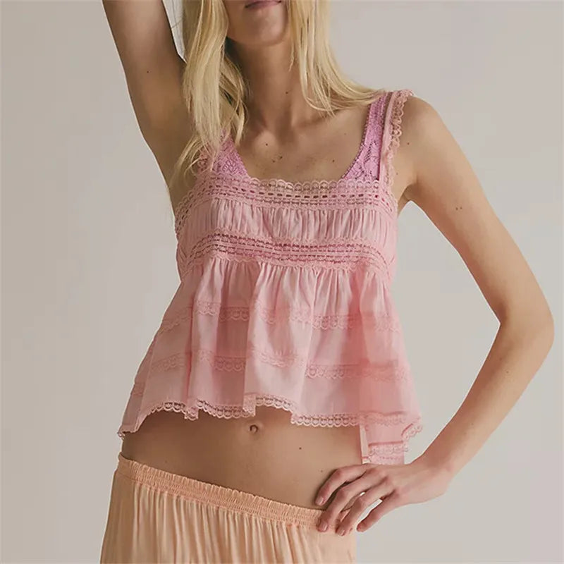 Coquette Lace Trim Tiered Ruffle Camisole Women Spaghetti Strap Babydoll Cami Top for Casual Streetwear Vacation