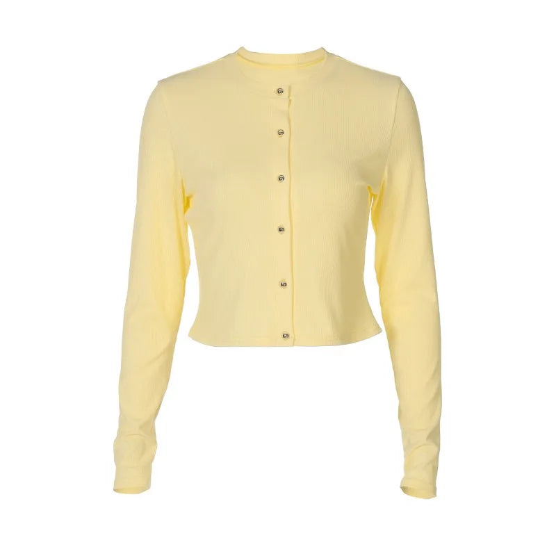 Yellow Cardigan Woman Clothes Fall 2025 Solid Color Ribbed Knitted Sweaters Button Up Long Sleeve Top