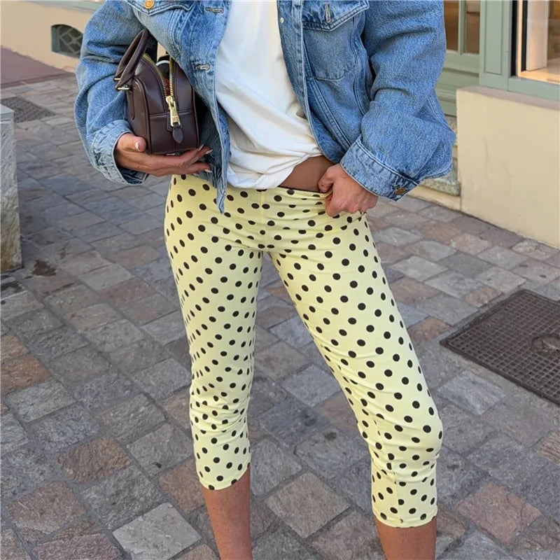 Y2K Retro Polka Dot Skinny Capri Pants Women Elastic Low Waist Slim Fit Mid Calf Leggings Casual Daily Cropped Trousers