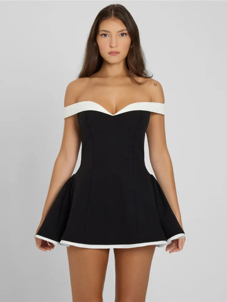 Off-shoulder Strapless Sexy Mini Dress Women Fashion Patchwork Sleeveless Backless High Waist A-line Club Party Dress