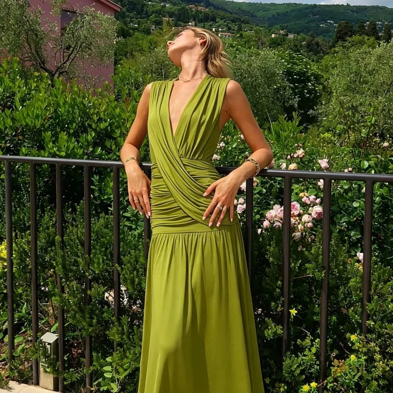 Elegant Ruched Sleeveless Deep V Neck Maxi Dress Birthday Party Dresses for Woman Clothing 2026