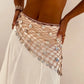 Women Boho Crochet Sequin Shell Hip Scarf Irregular Mesh Handmade Knit Beach Wrap Skirt Summer Vacation Festival Wear