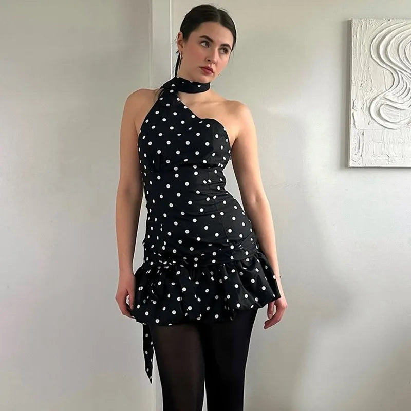 Women Y2K Polka Dot One Shoulder Mini Dress Halter Neck with Neck Scarf Ruffle Hem Bodycon Party Dress for Club Night