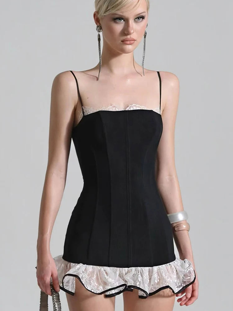 Y2K Sexy Sweet Style Mini Dress Women Square Collar Contrast Mesh Patchwork Ruched Hem Birthday Party Fashion Outfits